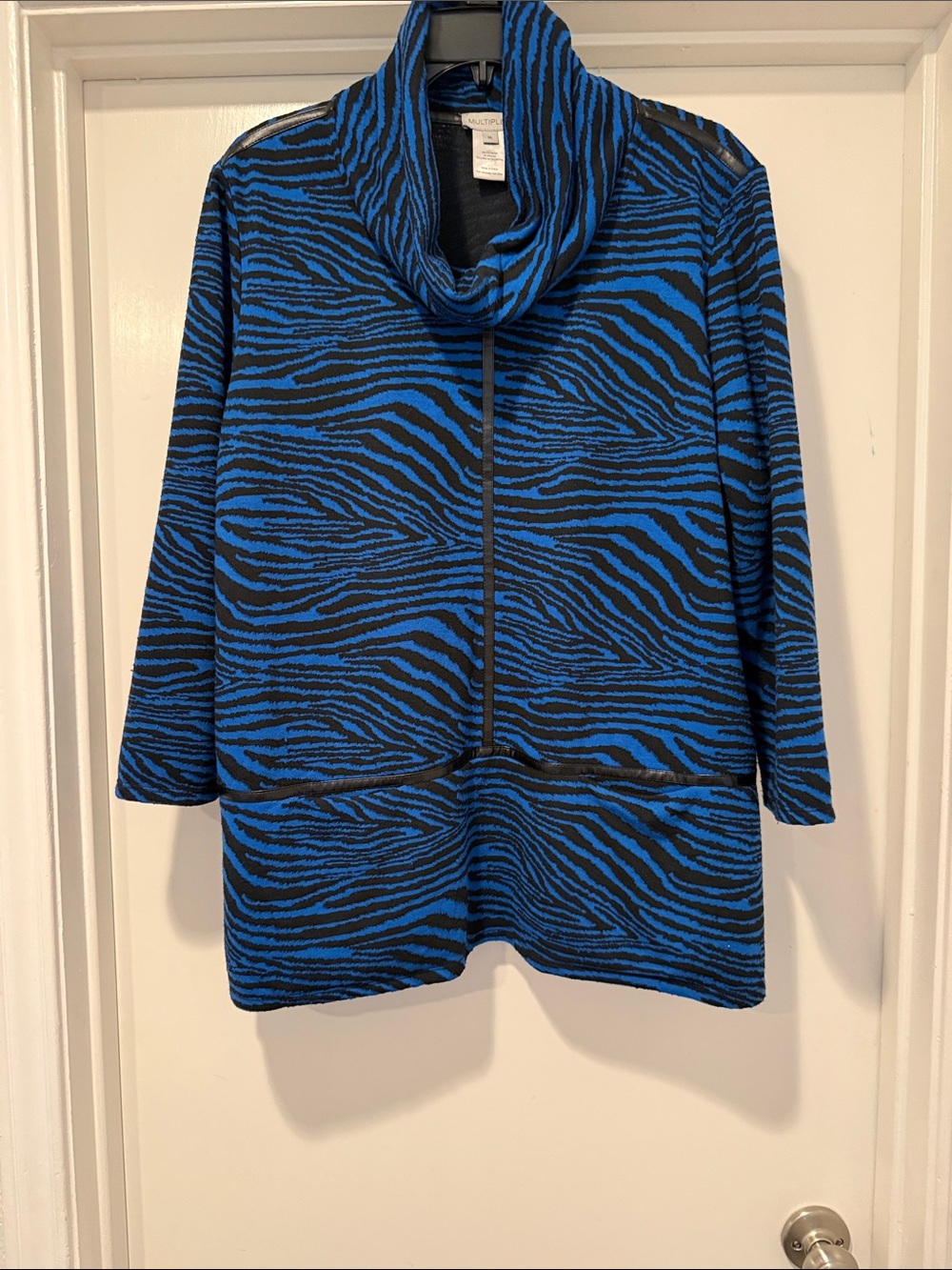 Multiples Blue and Black Zebra Cowl Neck Sweater